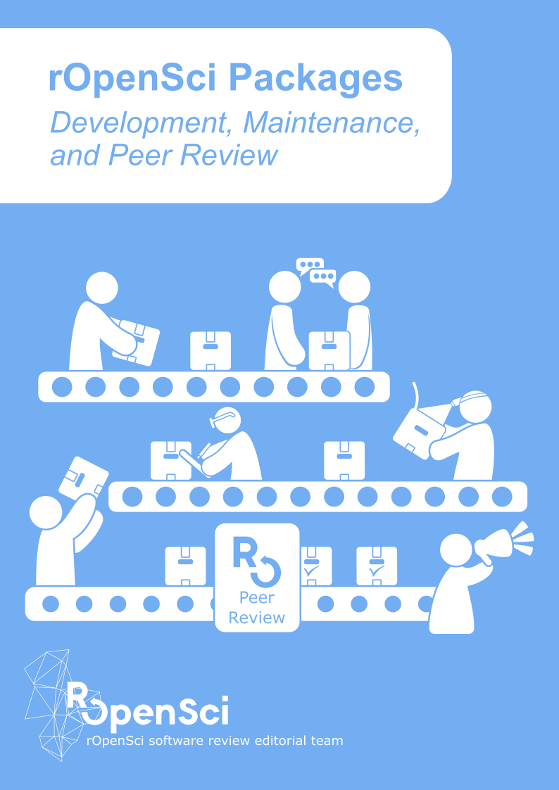 Dev guide book cover in light blue showing assembly line chain of people handling packages in white