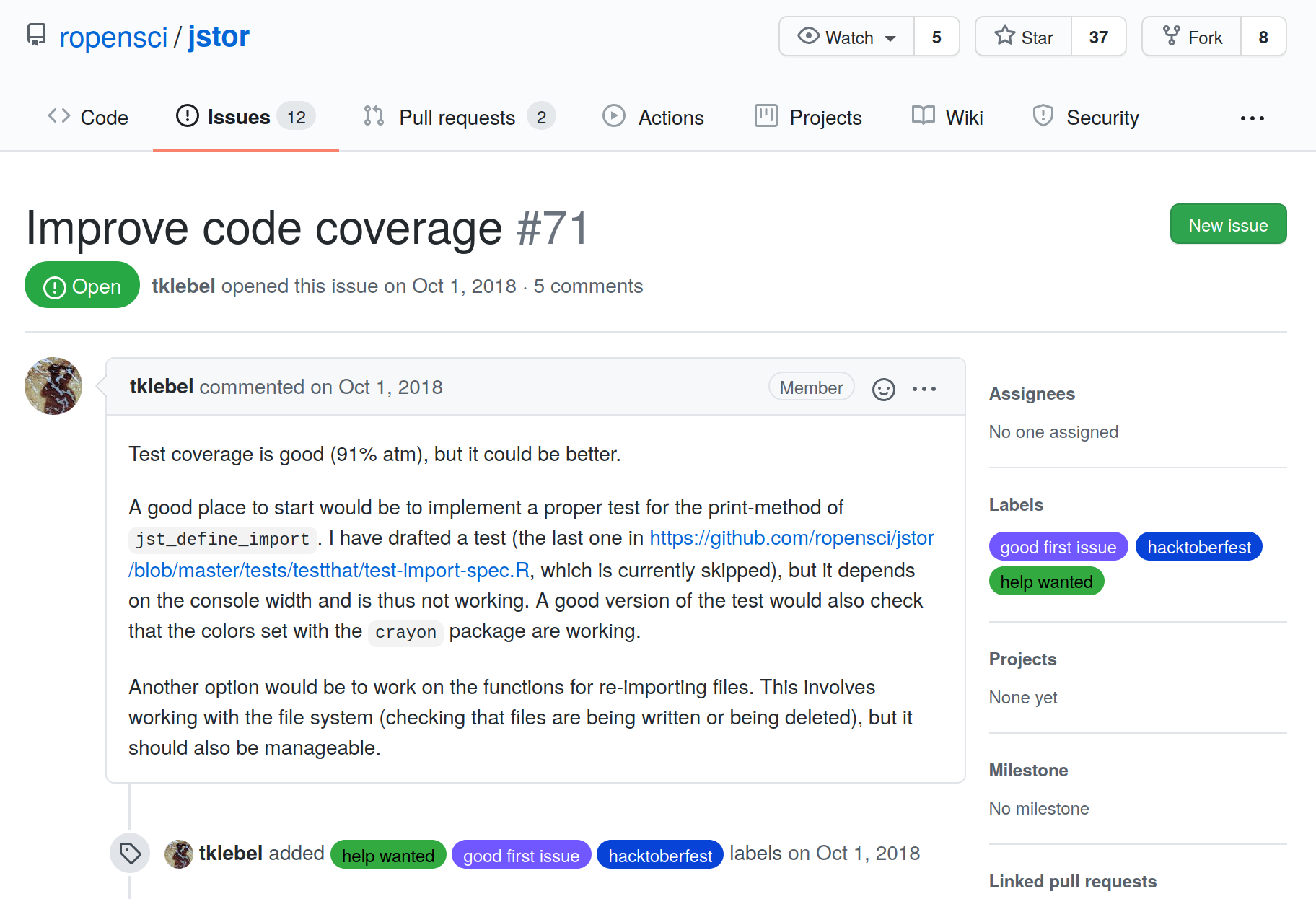 Screenshot of a Coding 'help wanted' issue called 'Improve code coverage' from the jsor package repository on GitHub