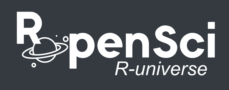 R-Universe logo grey background with white text 'rOpenSci R-universe'. The O in 'Open' is a ringed planet with moons